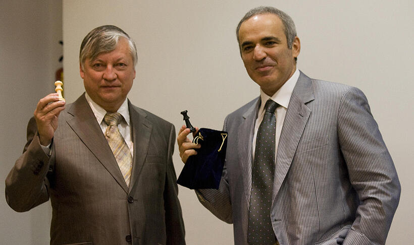 Anatoly Karpov and Garry Kasparov at the press conference of Chess Foundation Launch in Valencia.