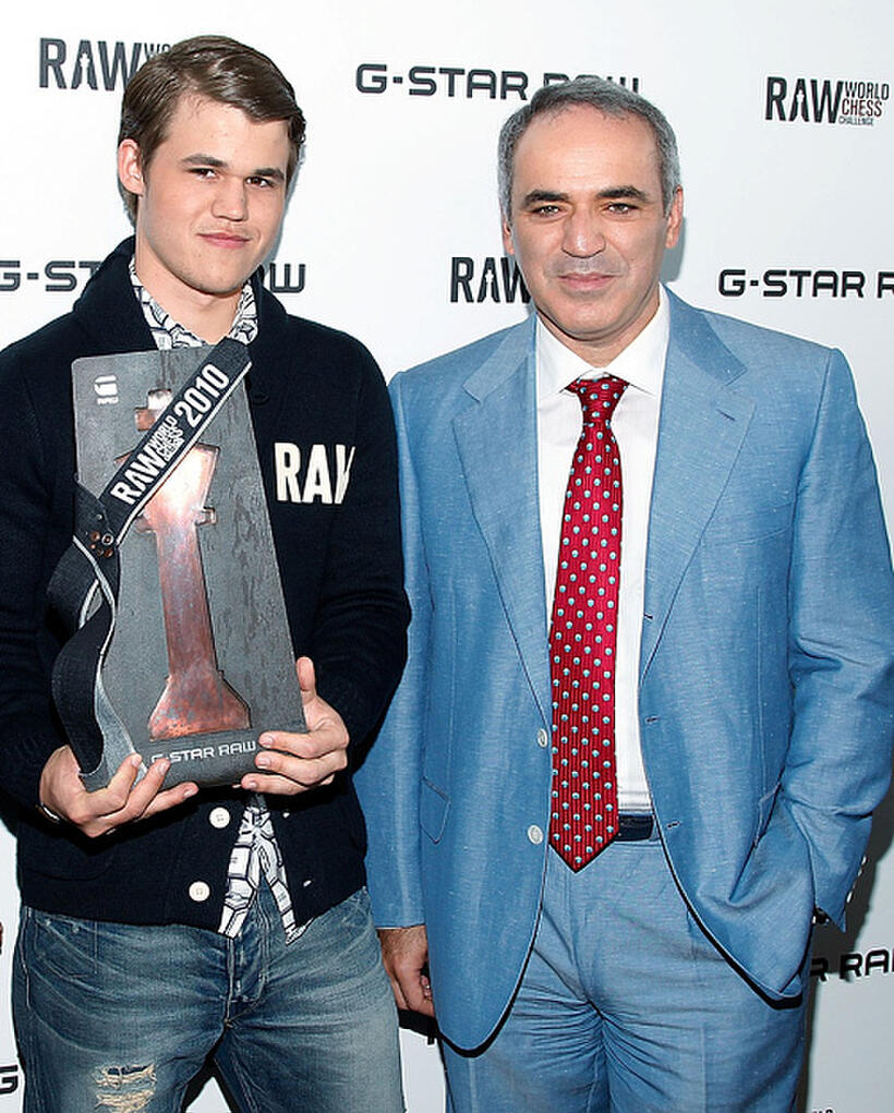Magnus Carlsen and Garry Kasparov at the G-Star Raw World Chess Challenge in New York.