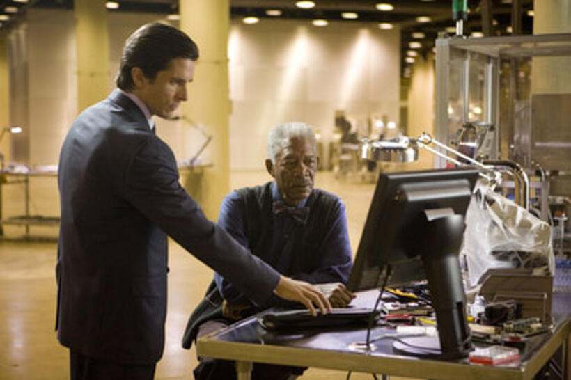 Christian Bale and Morgan Freeman in "The Dark Knight."