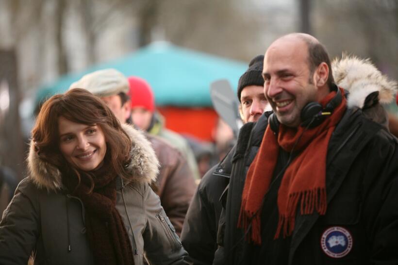 Juliette Binoche and director Cedric Klapisch on the set of "Paris."