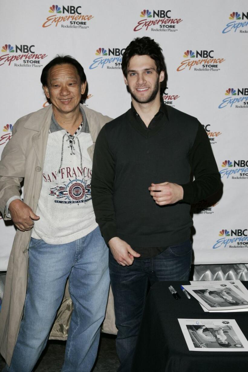 Justin Bartha and fan John Wu at the autograph signing at NBC Experience Store.