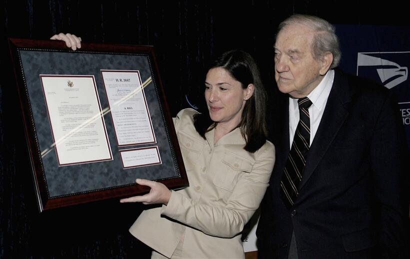 Karl Malden and Lisa Pinto at the dedication of the Barrington Station Post Office.