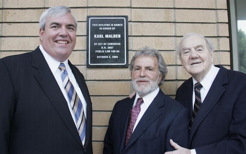 John E. Potter, Sid Ganis and Karl Malden at the dedication of Barrington Station Post Office.