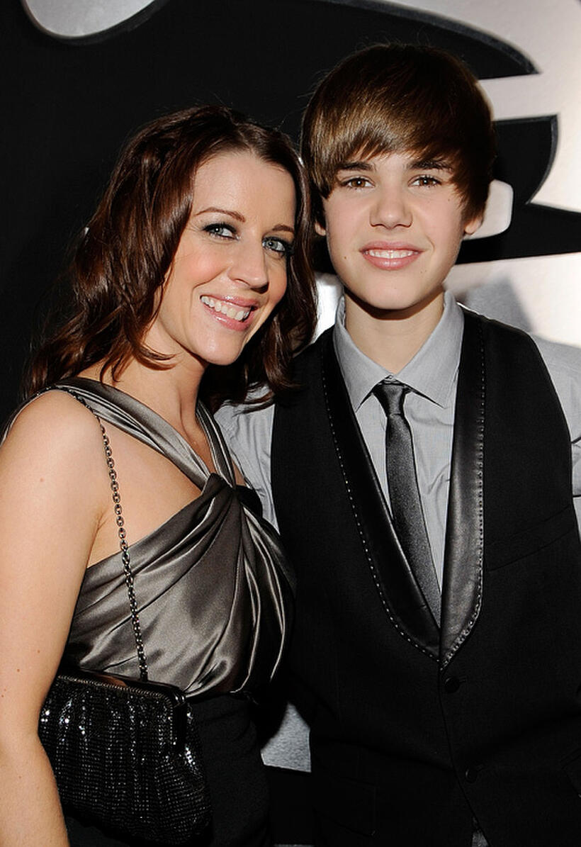 Pattie Mallette and Musician Justin Bieber at the 52nd Annual GRAMMY Awards in California.