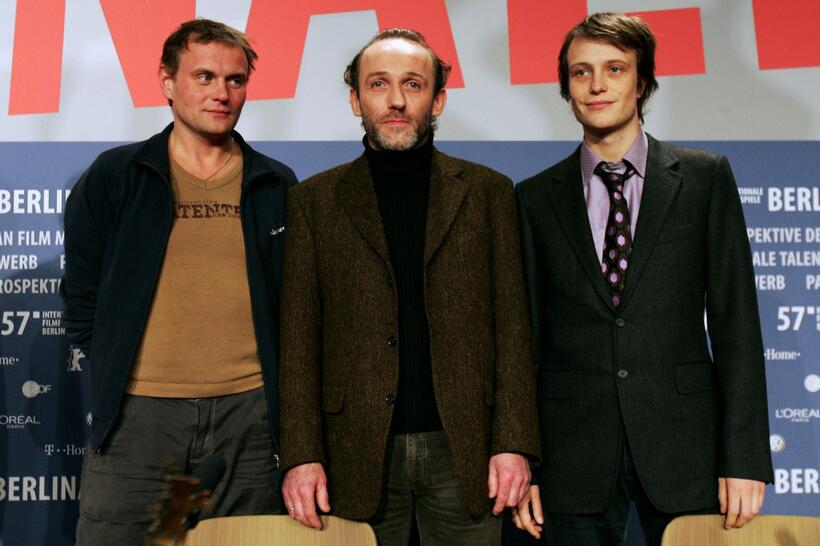 Devid Striesow, Karl Markovics and August Diehl at the press conference of "The Counterfeiters" during the 57th Berlin International Film Festival.