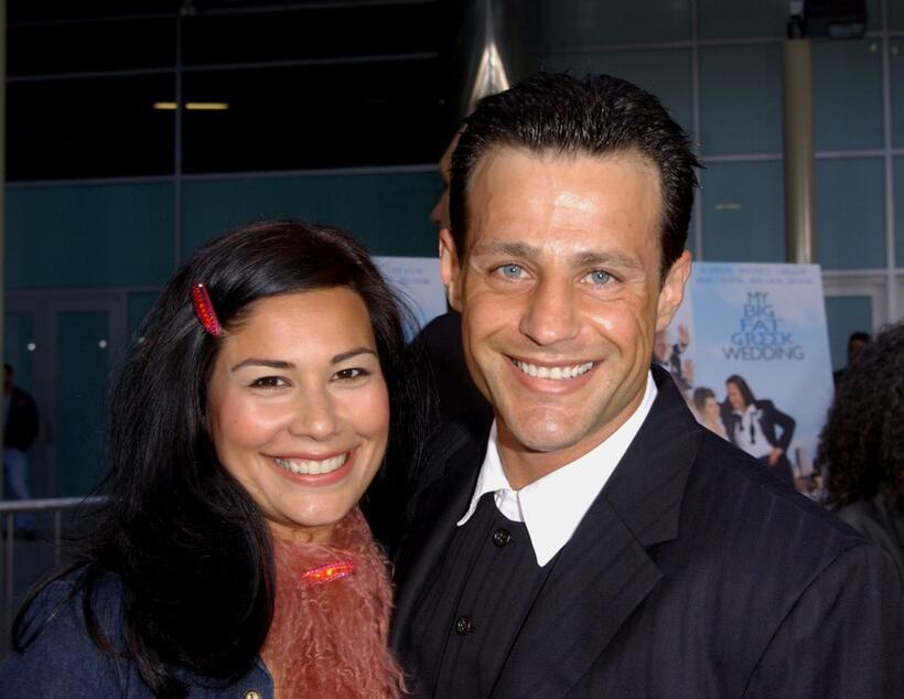 Louis Mandylor and his girlfriend at the premiere of "My Big Fat Greek Wedding."