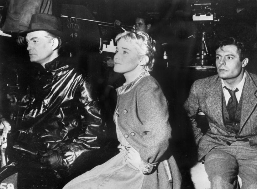 Marcello Mastroianni, Jean Marais and Maria Schell during the filming of "Le Notti Bianche".