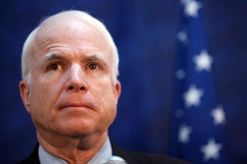 John McCain at the joint press conference with Israeli defense minister Ehud Barak at southern Israeli town of Sderot.