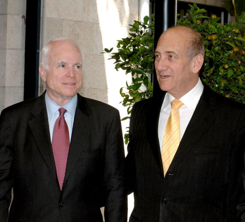 John McCain and Ehud Olmert at the Olmert's Jerusalem residence as part of his senatorial Middle East trip.