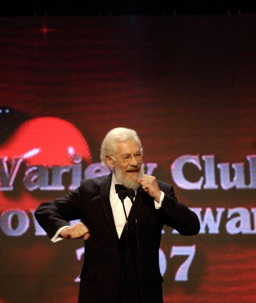 Sir Ian McKellen presents an award at the Variety Club Showbiz Awards.