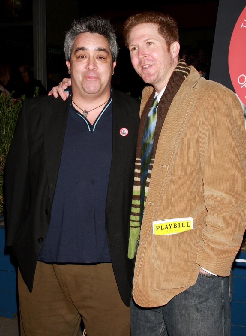 Stephen Adly-Guirgis and Brett C. Leonard at the opening night party celebrating the world premiere of "The Little Flower of East Orange."