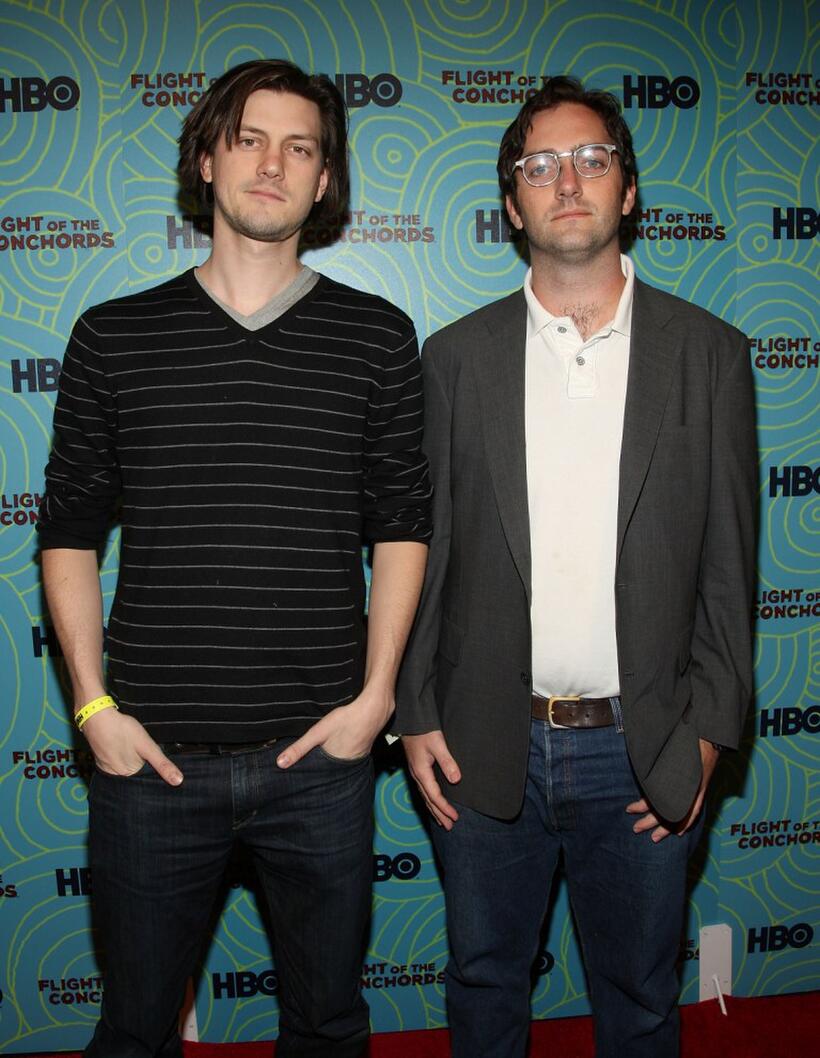 Trevor Moore and Sam Brown at the Flight of the Conchords' season 2 viewing party.