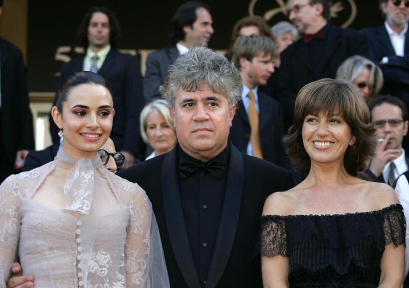 Mia Maestro, Pedro Almodovar and Mercedes Moran and Lucrecia Martel at the official projection of "La Nina Santa" during the Cannes Film Festival.