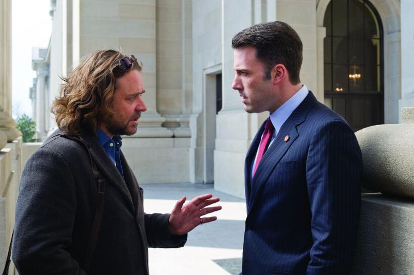 Russell Crowe as Cal McCaffrey and Ben Affleck as Stephen Collins in "State of Play."