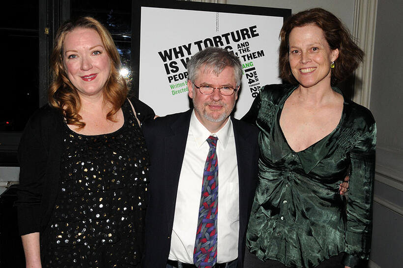 Kristine Nielsen, playwright Christopher Durang and Sigourney Weaver at the off-broadway opening night of "Why Torture is Wrong, and the People Who Love Them" in New York.