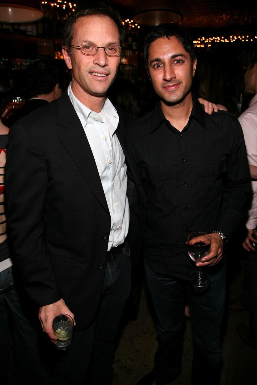 Adam Moss and Maulik Pancholy at the New York Magazine Oscar Viewing Party.