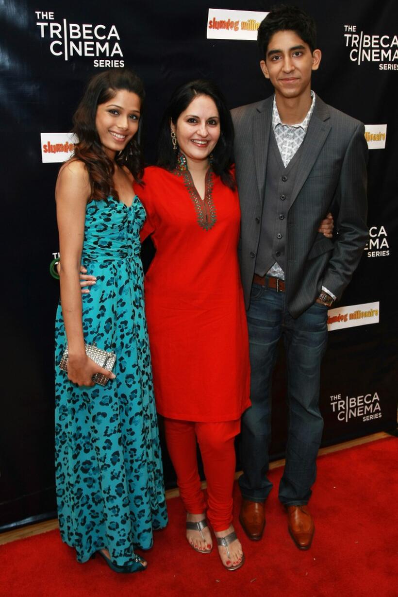 Freida Pinto, Producer Loveleen Tandan and Dev Patel at the 2008 Tribeca cinema series.