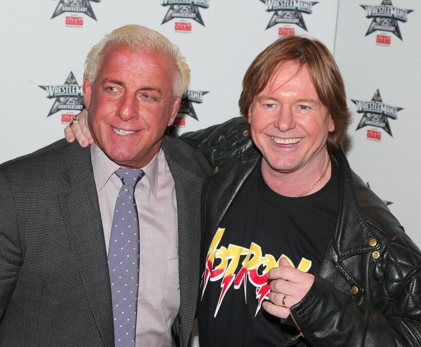 Ric "Nature Boy" Flair and Roddy Piper at the Press Conference of WrestleMania 25th Anniversary.