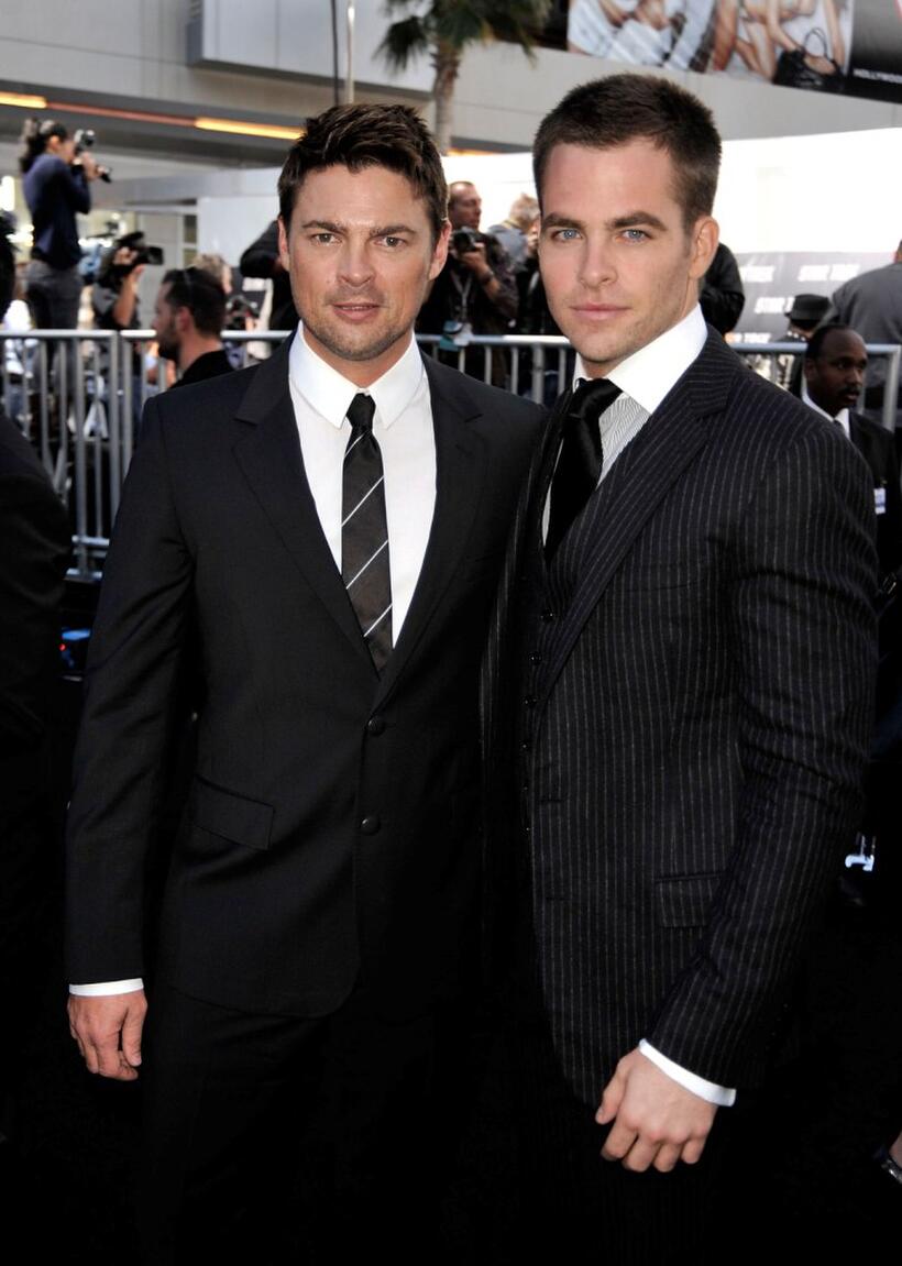 Karl Urban and Chris Pine at the Los Angeles premiere of "Star Trek."