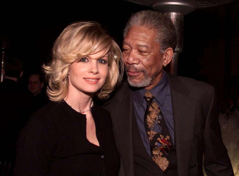 Monica Potter and Producer Morgan Freeman at the premiere of "Along Came A Spider."
