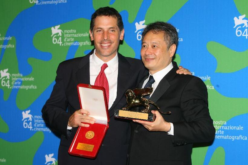 Rodrigo Prieto and Ang Lee at the Leone d'Oro del 75th closing ceremony during the 64th Venice Film Festival.
