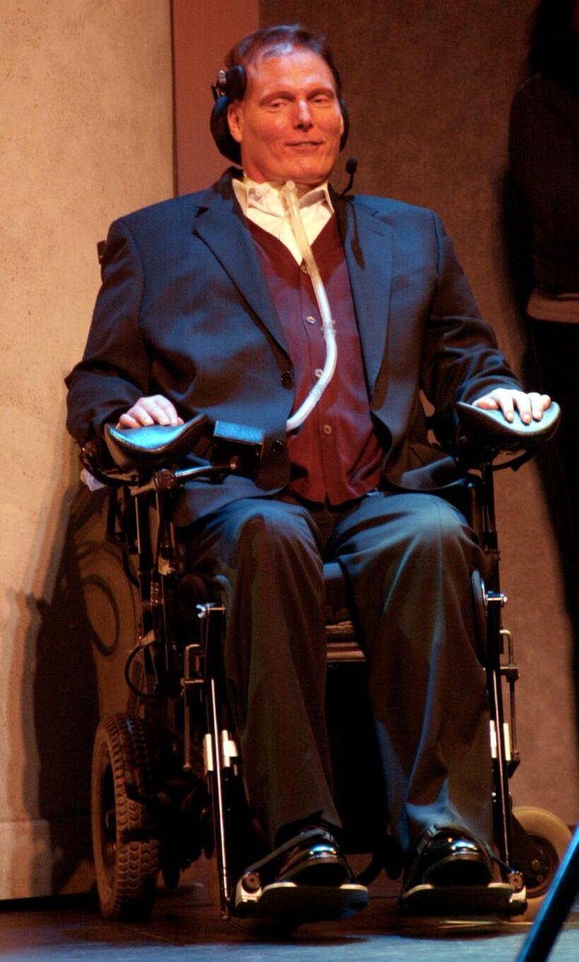 Christopher Reeve speaks during the keynote presentation of the California State University Fullerton.