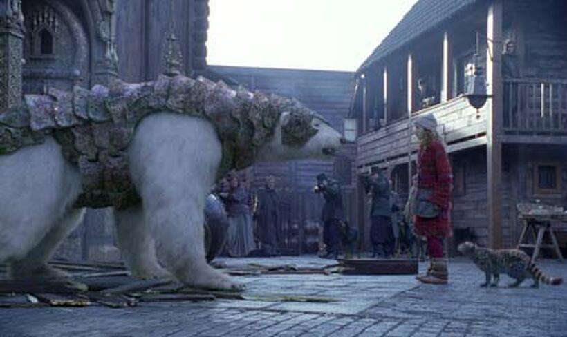 Ian McKellen as the voice of Iorek Byrnison, Dakota Blue Richards and Freddie Highmore as the voice of Pantalaimon in "The Golden Compass." 