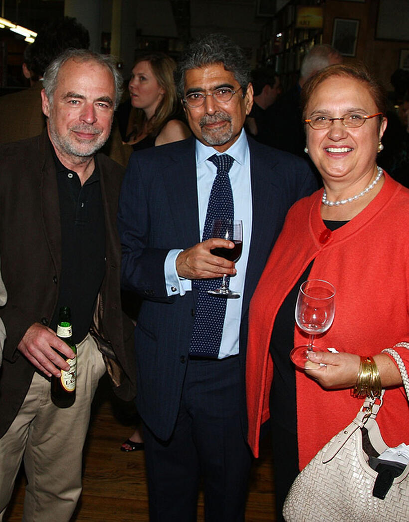 Richard Russo, publisher/editor-in-chief of Alfred A. Knopf, Ajai Singh "Sonny" Mehta and Lidia Matticchio Bastianich at the cocktail reception with authors from The Knopf Doubleday Publishing Group in New York.