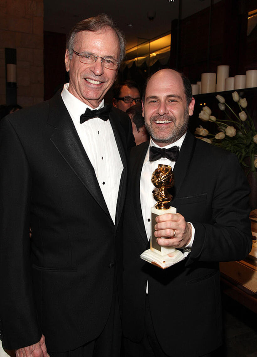 Chelcie Ross and Matthew Weiner at the AMC Golden Globes Viewing party in California.