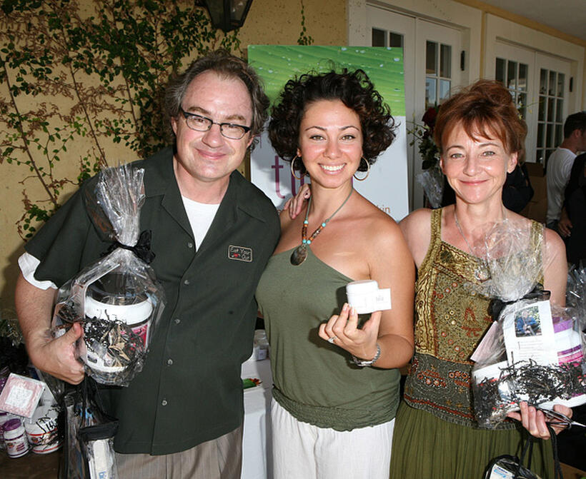 John Billingsley, Tulia Representative Juliana Oushana and Bonita Friedericy at the Tulia Skin Care booth during Frederic Fekkai Pre-Emmy "Style 2006 Garden Party" gift bag suite in California.