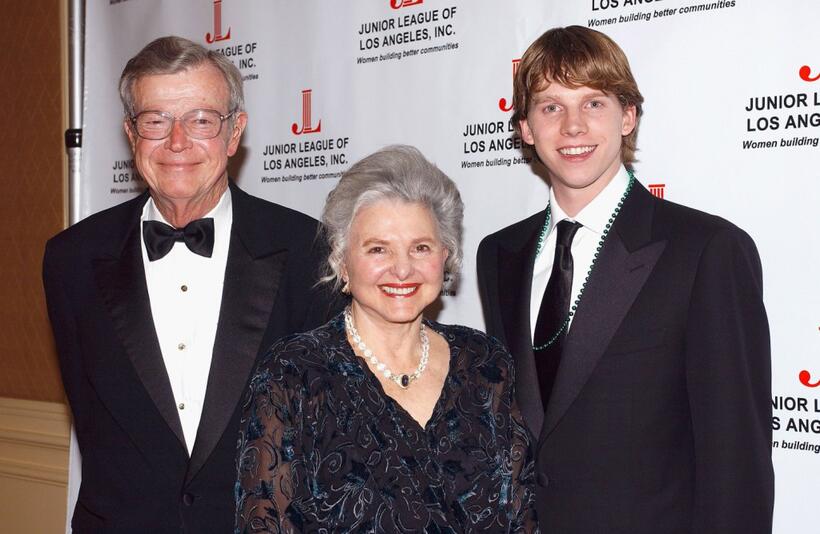 Charles Simmons, Caroline Rose Hunt and Stark Sands at the Junior League of Los Angeles Carnivale Gala.