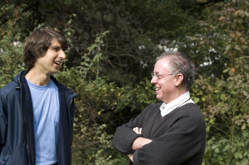 Demetri Martin and Producer James Schamus on the set of "Taking Woodstock."