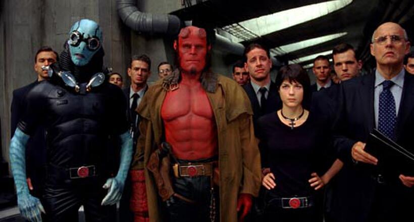 Members of the BPRD—aquatic empathy Abe (Doug Jones), Hellboy (Ron Perlman) and the pyrokinetic Liz (Selma Blair)—are joined by BPRD chief Tom Manning (Jeffrey Tambor) in "Hellboy II: The Golden Army."