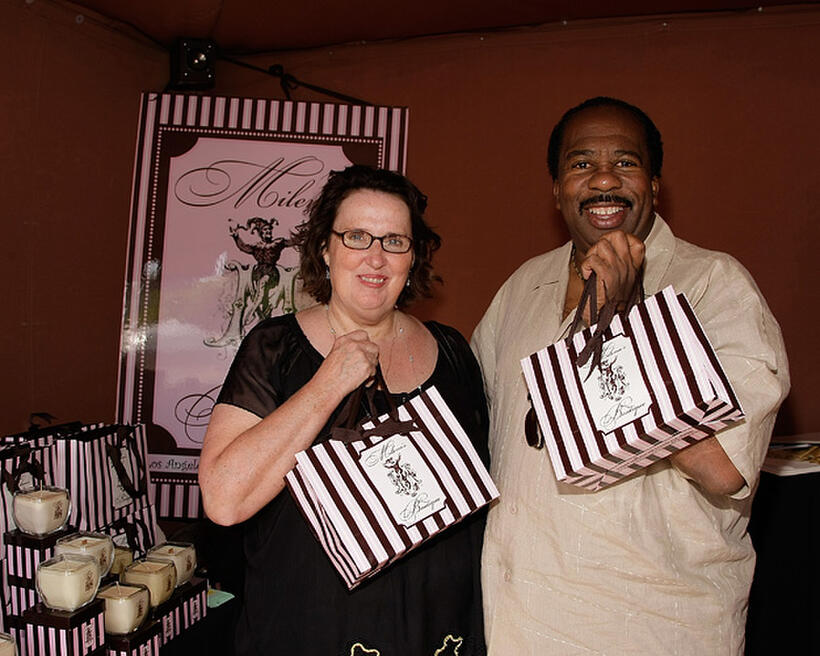 Phyllis Smith and Leslie David Baker at the 6th annual DPA pre-Emmy gift suite day 2 in California.