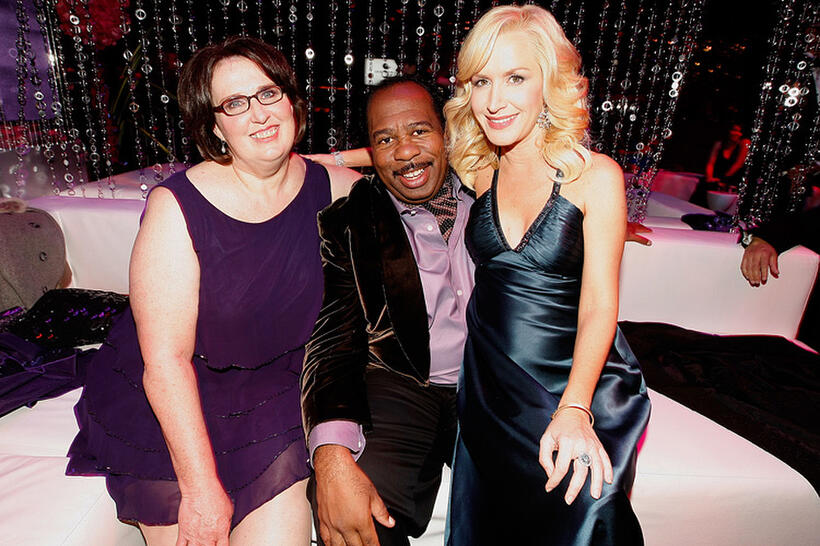 Phyllis Smith, Leslie David Baker and Angela Kinsey at the NBC Universal and Focus Features' Golden Globes after party in California.