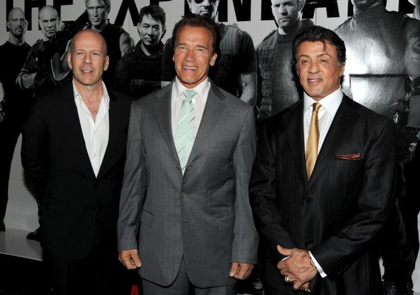 Bruce Willis, Arnold Schwarzenegger and Sylvester Stallone at the premiere of "The Expendables."