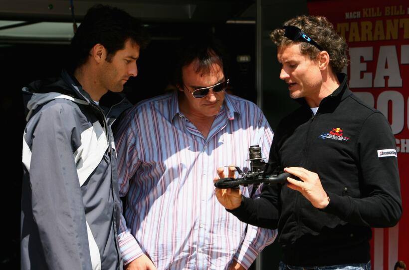 Quentin Tarantino, Mark Webber and David Coulthard at the European Grand Prix.