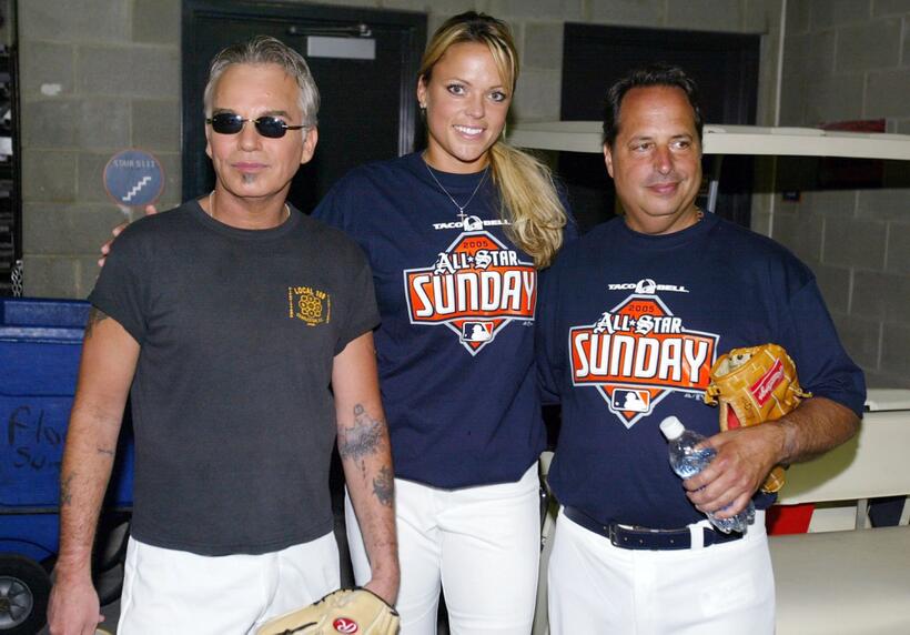 Billy Bob Thornton, Jon Lovitz and Olympic athlete Jennie Finch at the start of the 2005 Major League Baseball Legends and Celebrity game at Comerica Park.