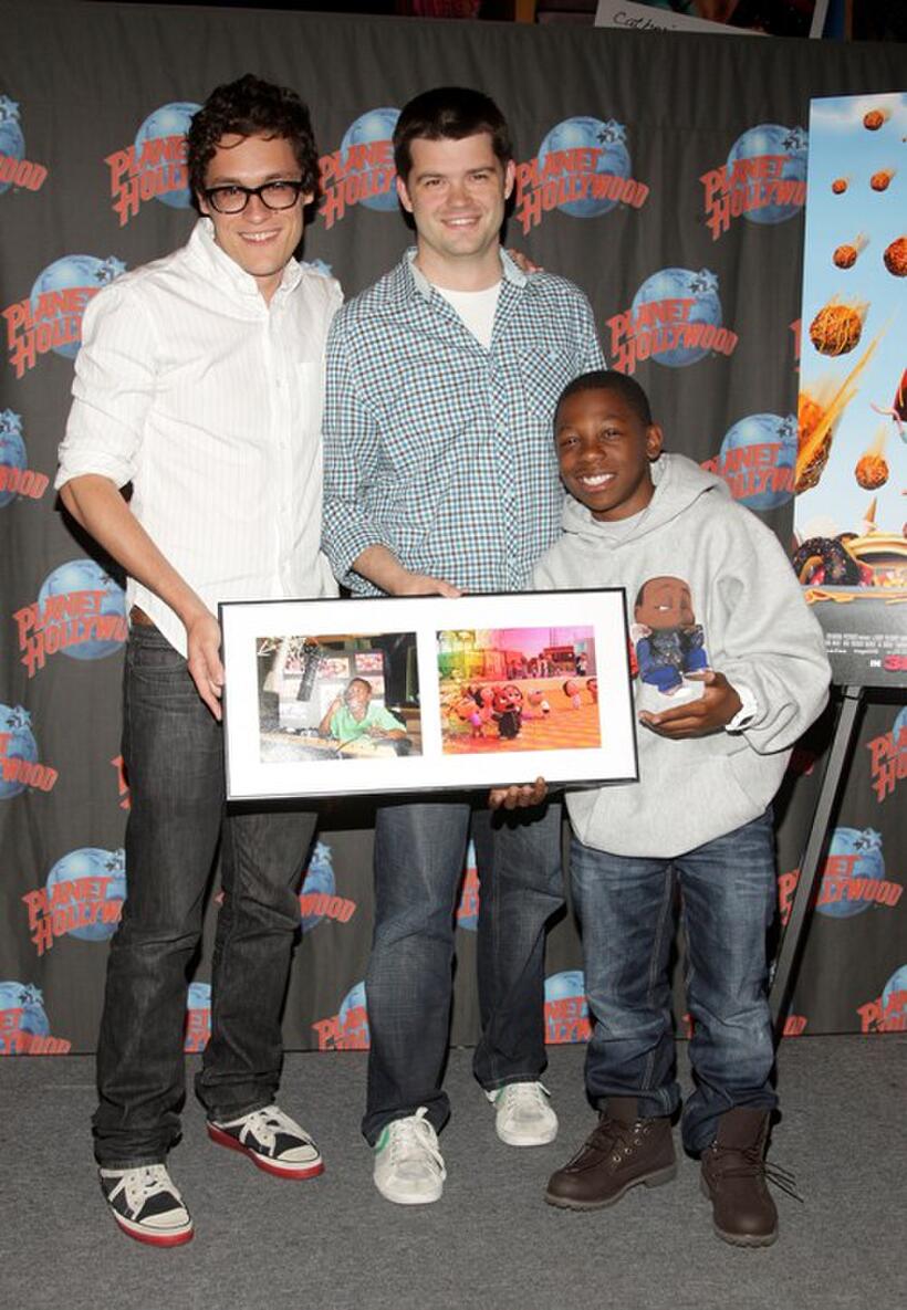 Phil Lord, Christopher Miller and Bobb'e J. Thompson at the promotion of "Cloudy with a Chance of Meatballs."