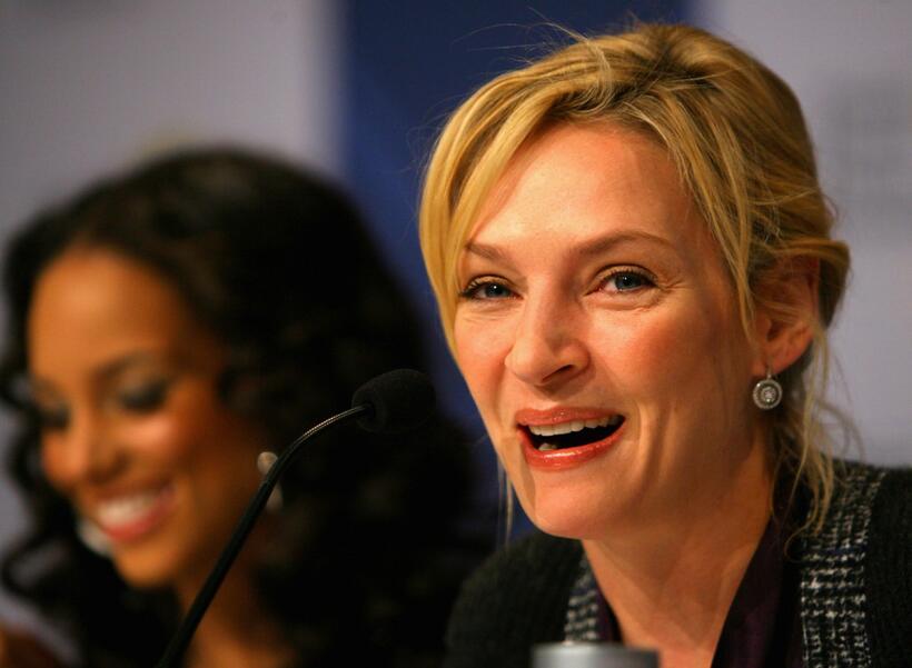 Uma Thurman and Alicia Keys at the press conference of Nobel Peace Prize Concert in Oslo.
