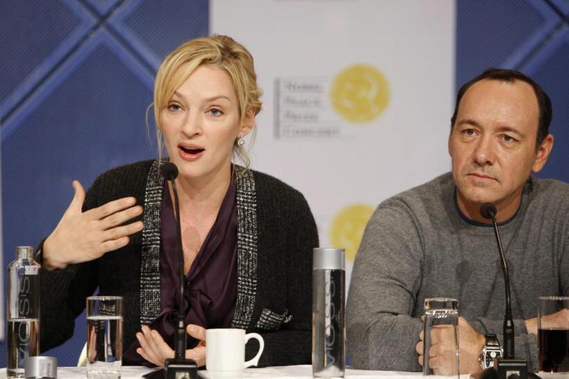 Uma Thurman and Kevin Spacey at the press conference of Nobel Peace Prize Concert in Oslo.