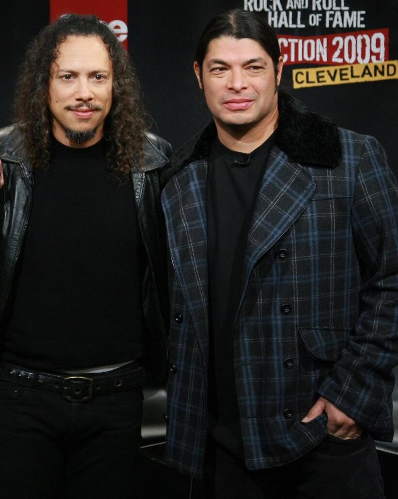 Kirk Hammett and Robert Trujillo at the Rock & Roll Hall of Fame 2009 inductee announcement.