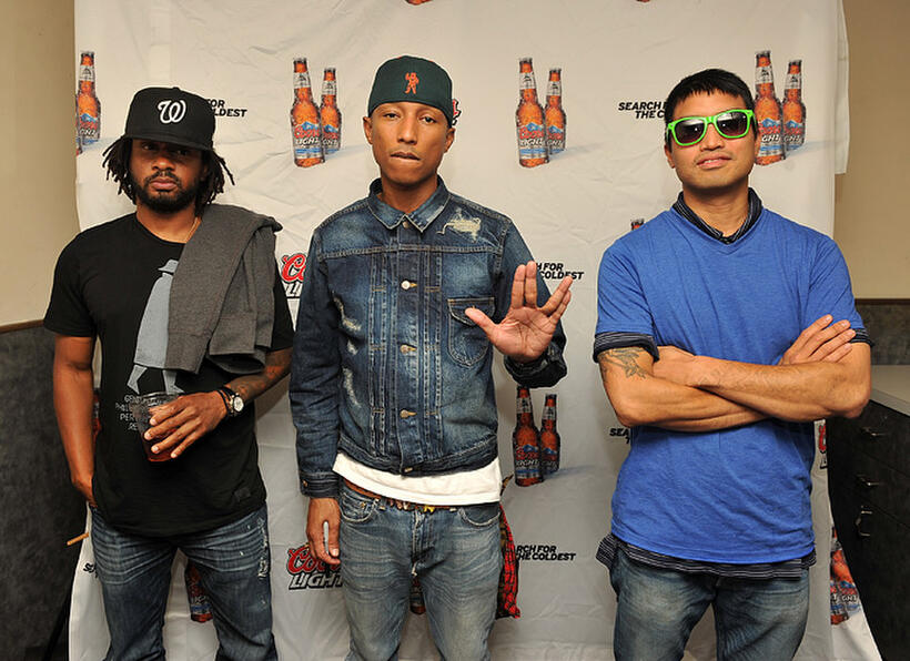 Shay Haley, Pharrell Williams and Chad Hugo at the Coors Light Search for the Coldest National competition in New York.