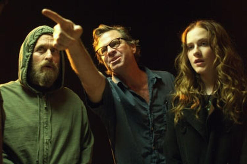 Michael Doulas, director Mike Cahill and Evan Rachel Wood on the set of "King of California."