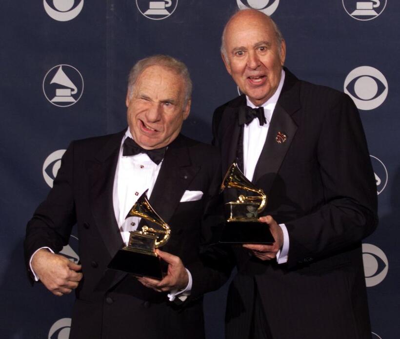 Mel Brooks and Carl Reiner at the Shrine Auditorium in Los Angeles with their Grammy Awards for Best Spoken Comedy Album "The 2000 Year Old Man In The Year 2000".