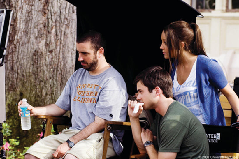 Director Joe Nussbaum, Matt Long and Amanda Bynes on the set of "Sydney White."