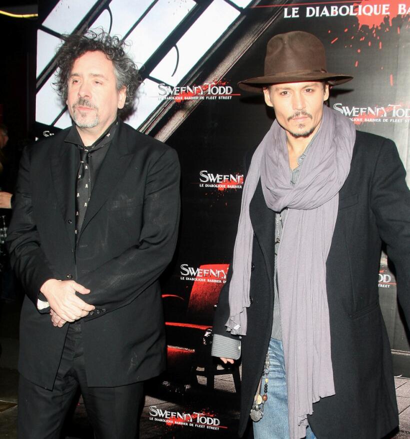 Tim Burton and Johnny Depp at the premiere of "Sweeney Todd."