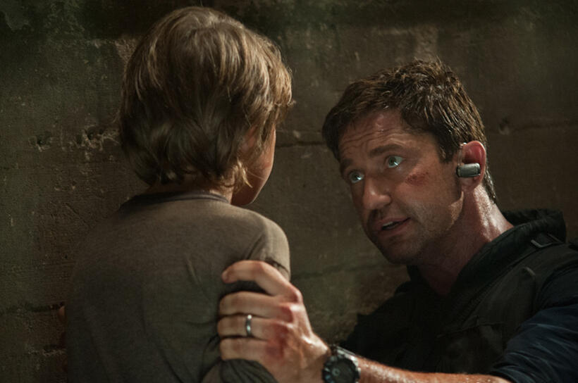 Finley Jacobsen and Gerard Butler in "Olympus Has Fallen."