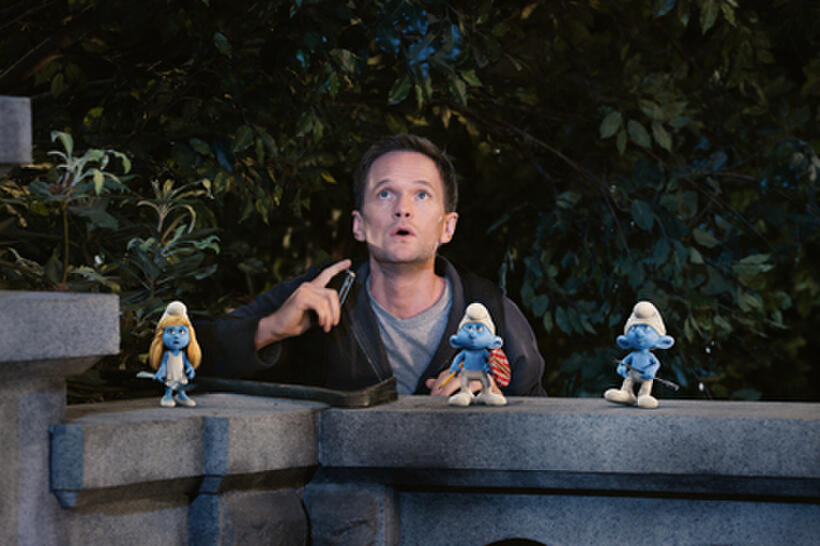 Smurfette Smurf, Neil Patrick Harris as Patrick Winslow, Grouchy Smurf and Clumsy Smurf in ``The Smurfs.''