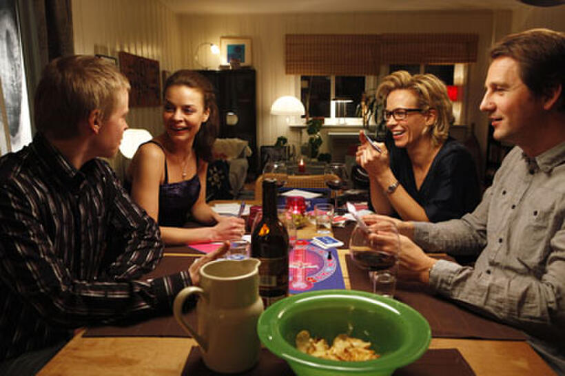 Joachim Rafaelsen as Eirik, Agnes Kittelsen as Kaja, Maibritt Saerens as Elisabeth and Henrik Rafaelsen as Sigve in ``Happy Happy.''